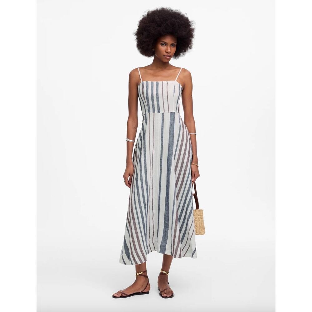 Madewell Striped Circle Maxi Dress 100% Linen White Blue A Line Resort US 16 NWT